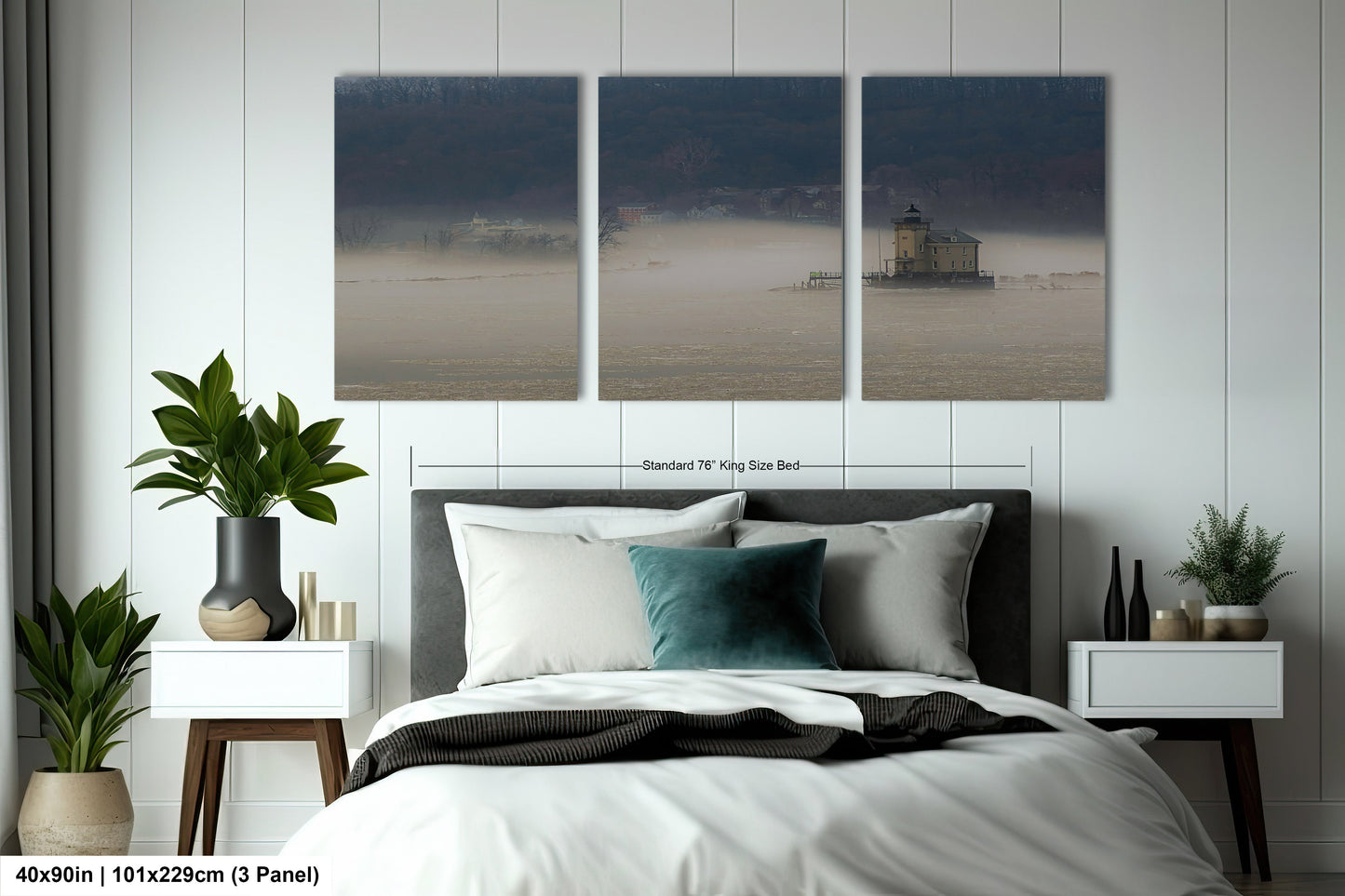 a bedroom scene with a bed and two paintings on the wall