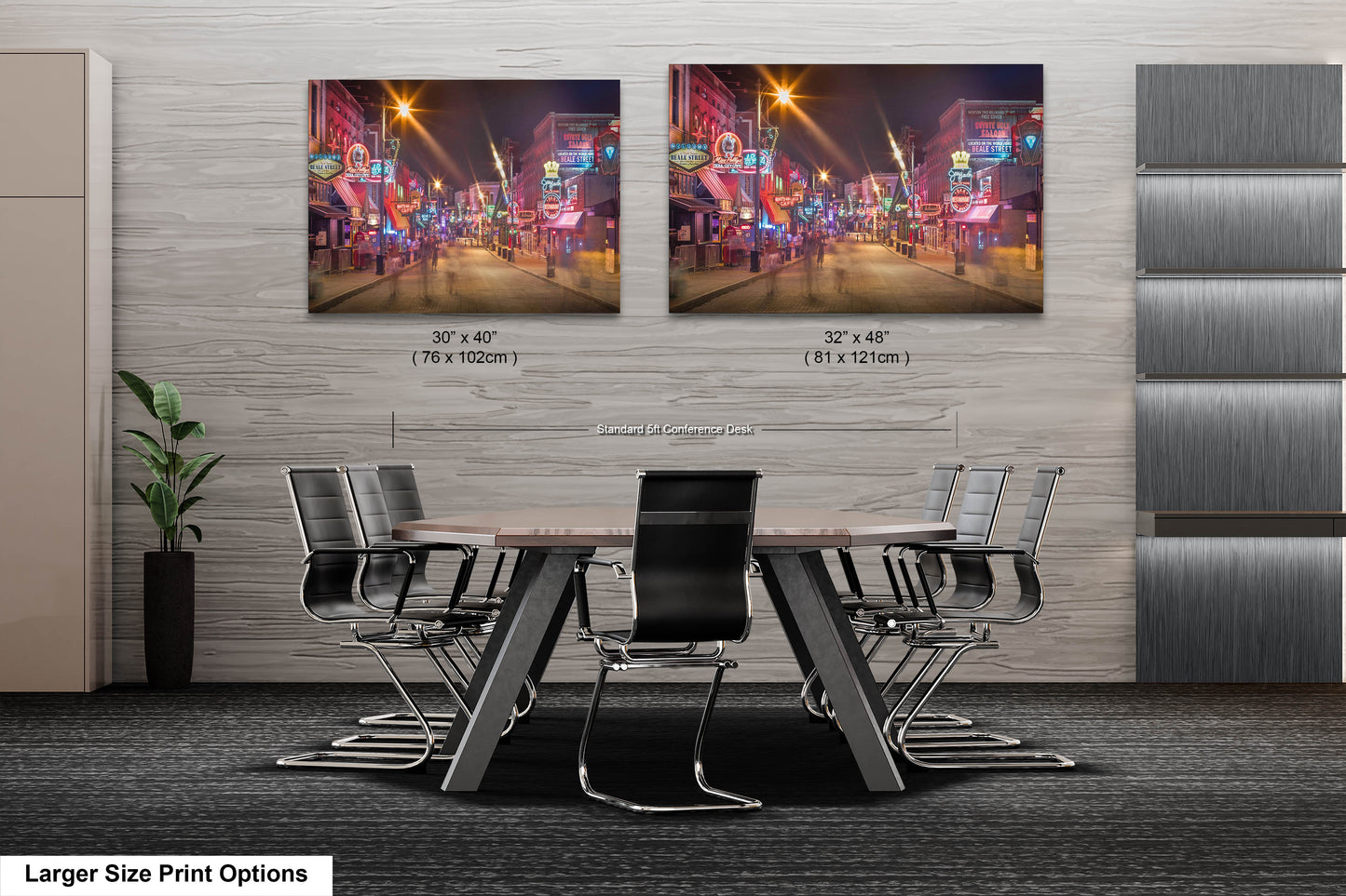 a room with a table and chairs and two pictures on the wall