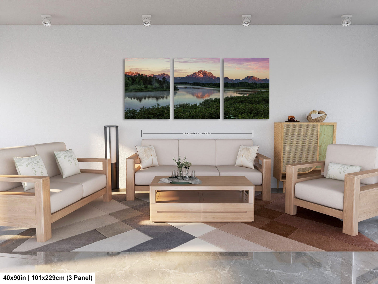 a living room filled with furniture and a painting on the wall