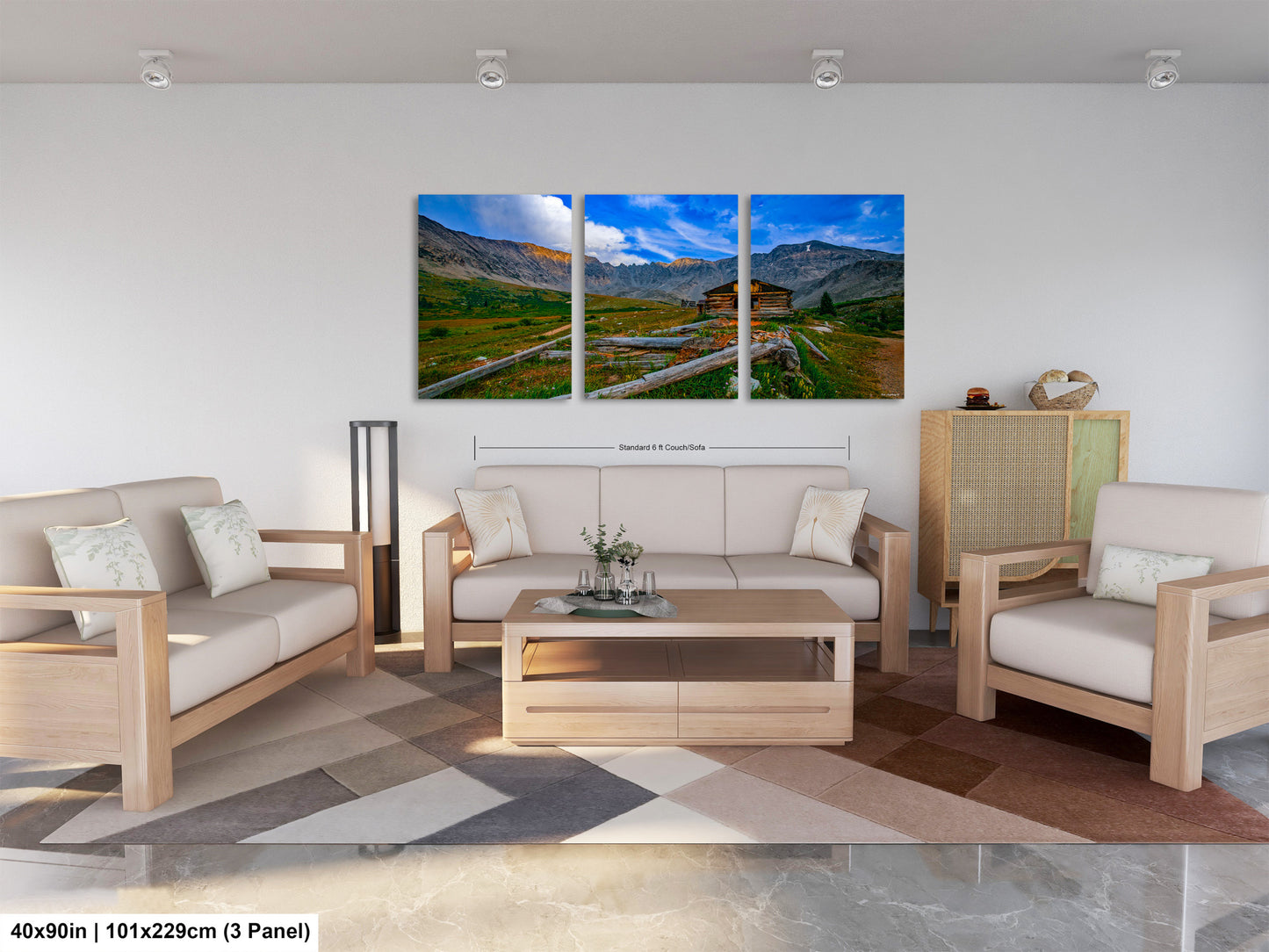 a living room filled with furniture and a painting on the wall