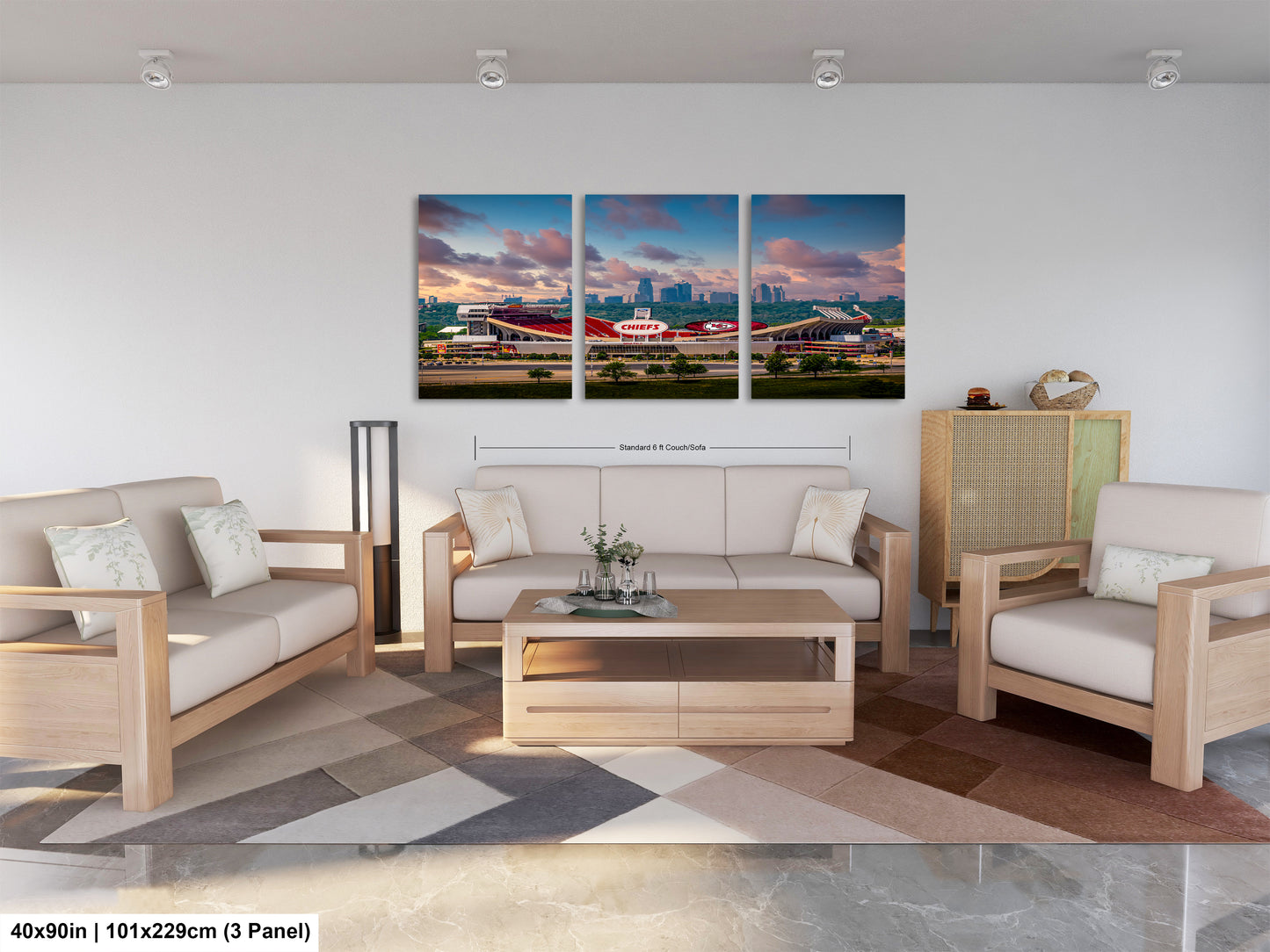 a living room filled with furniture and a painting on the wall