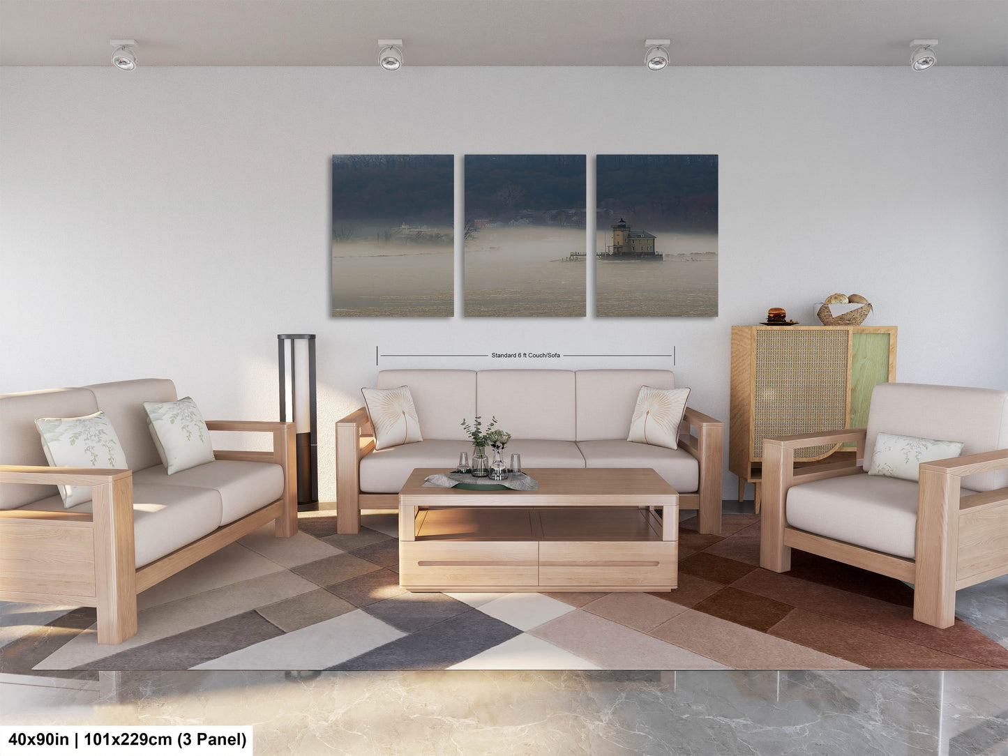 a living room filled with furniture and a painting on the wall