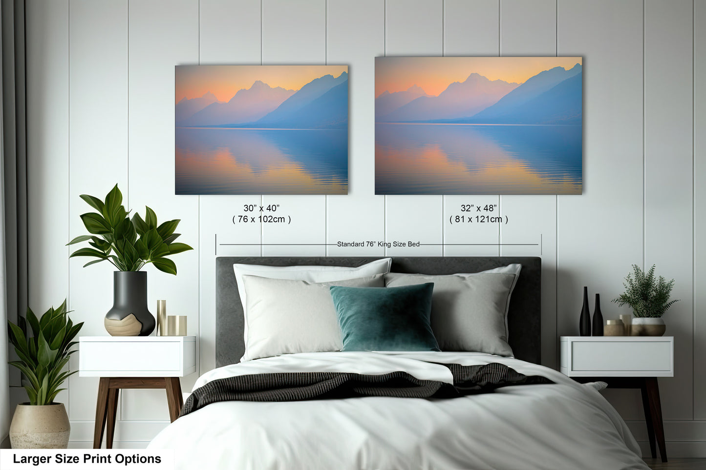 a bedroom with a bed and two pictures on the wall