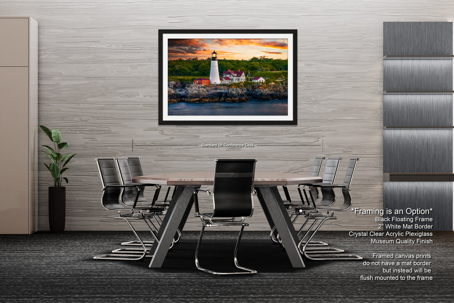 a dining room table with chairs and a picture of a lighthouse
