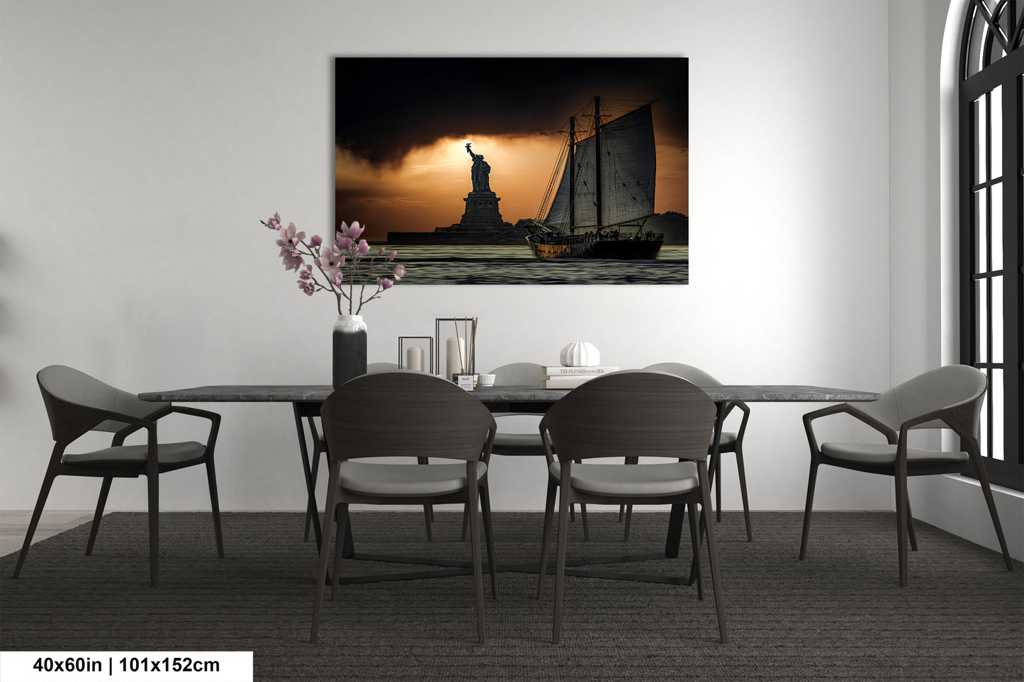 a dining room table with a statue of liberty in the background