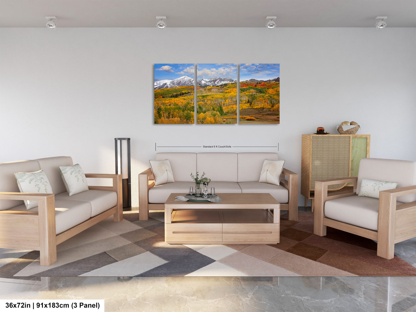 a living room filled with furniture and a painting on the wall