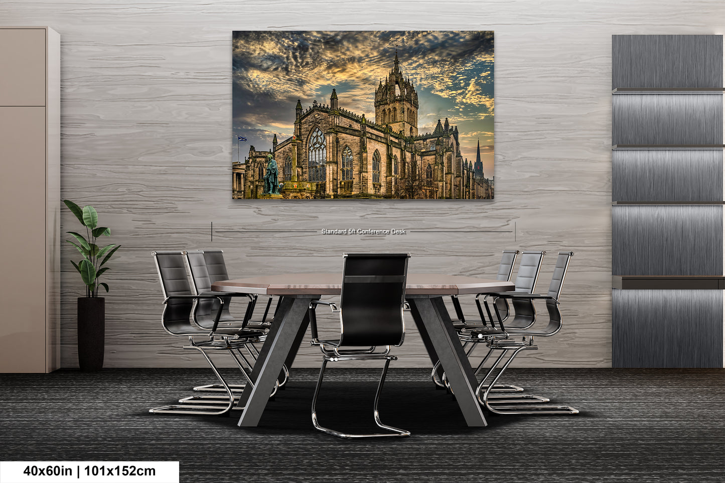a dining room table with chairs and a painting on the wall