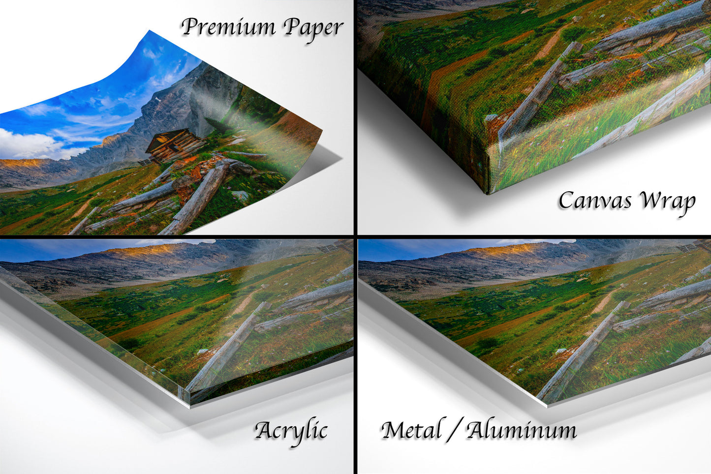 a series of four photos of a mountain landscape