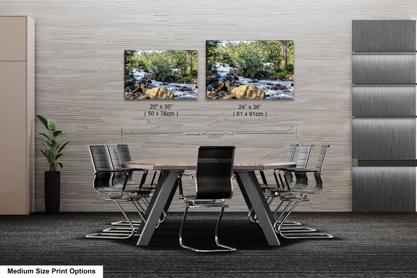 a dining room table with chairs and two pictures on the wall
