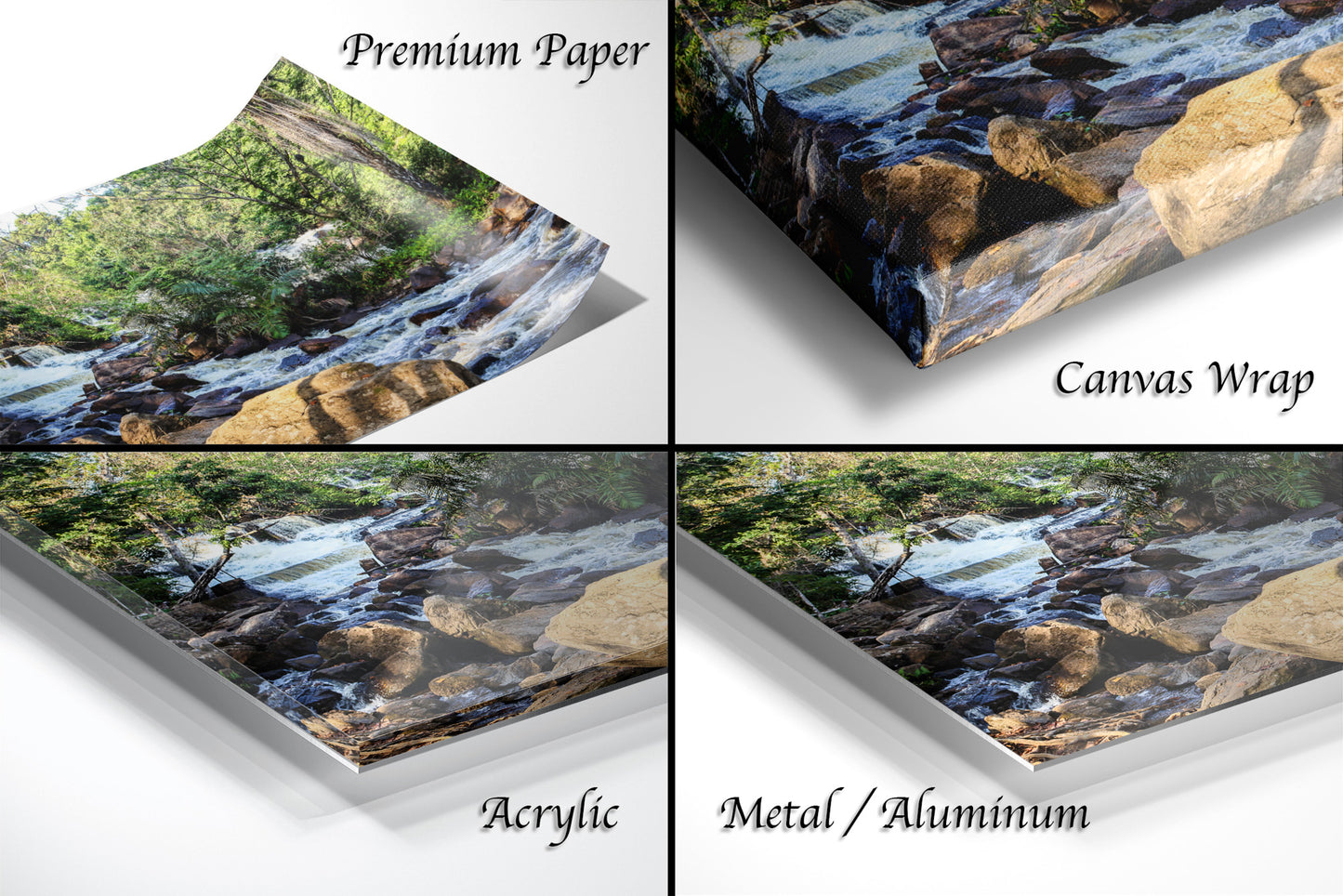 a series of four photos of a waterfall