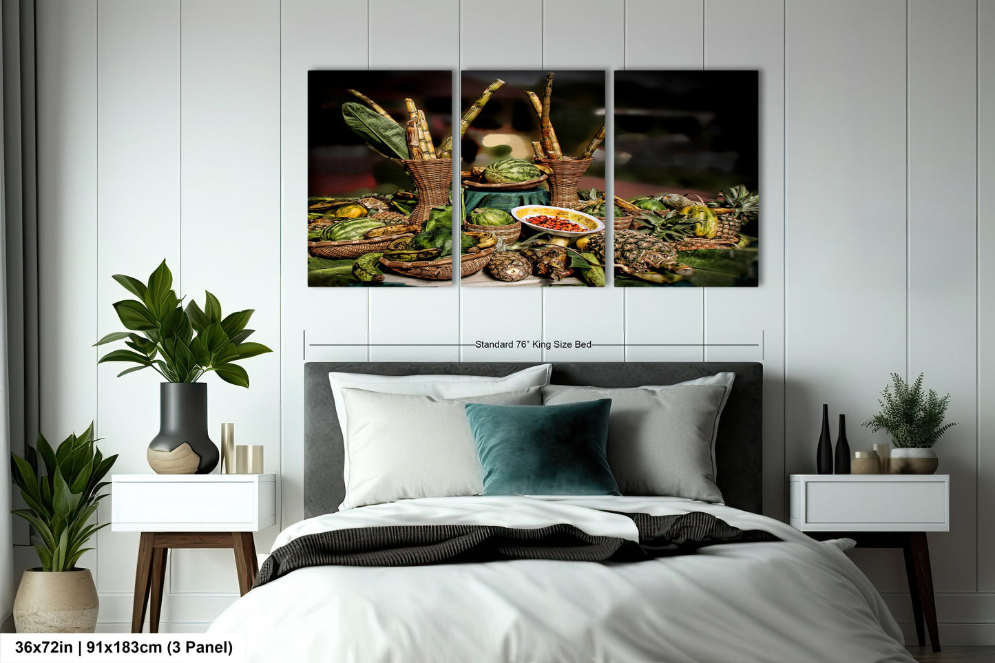 a bed room with a neatly made bed and paintings on the wall