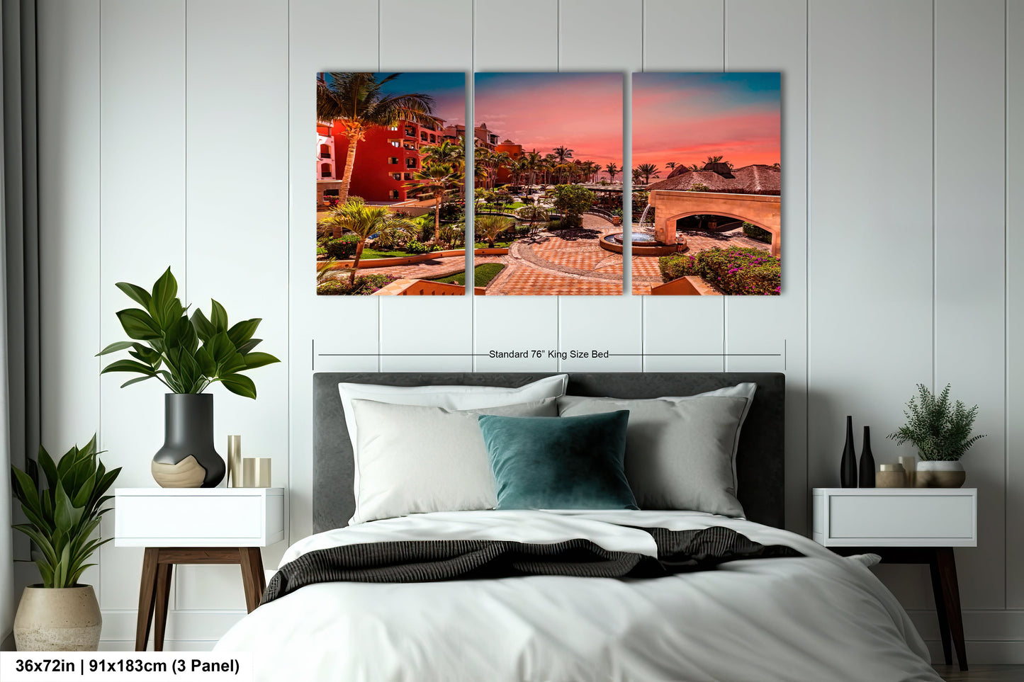 a bedroom scene with a bed and two paintings on the wall