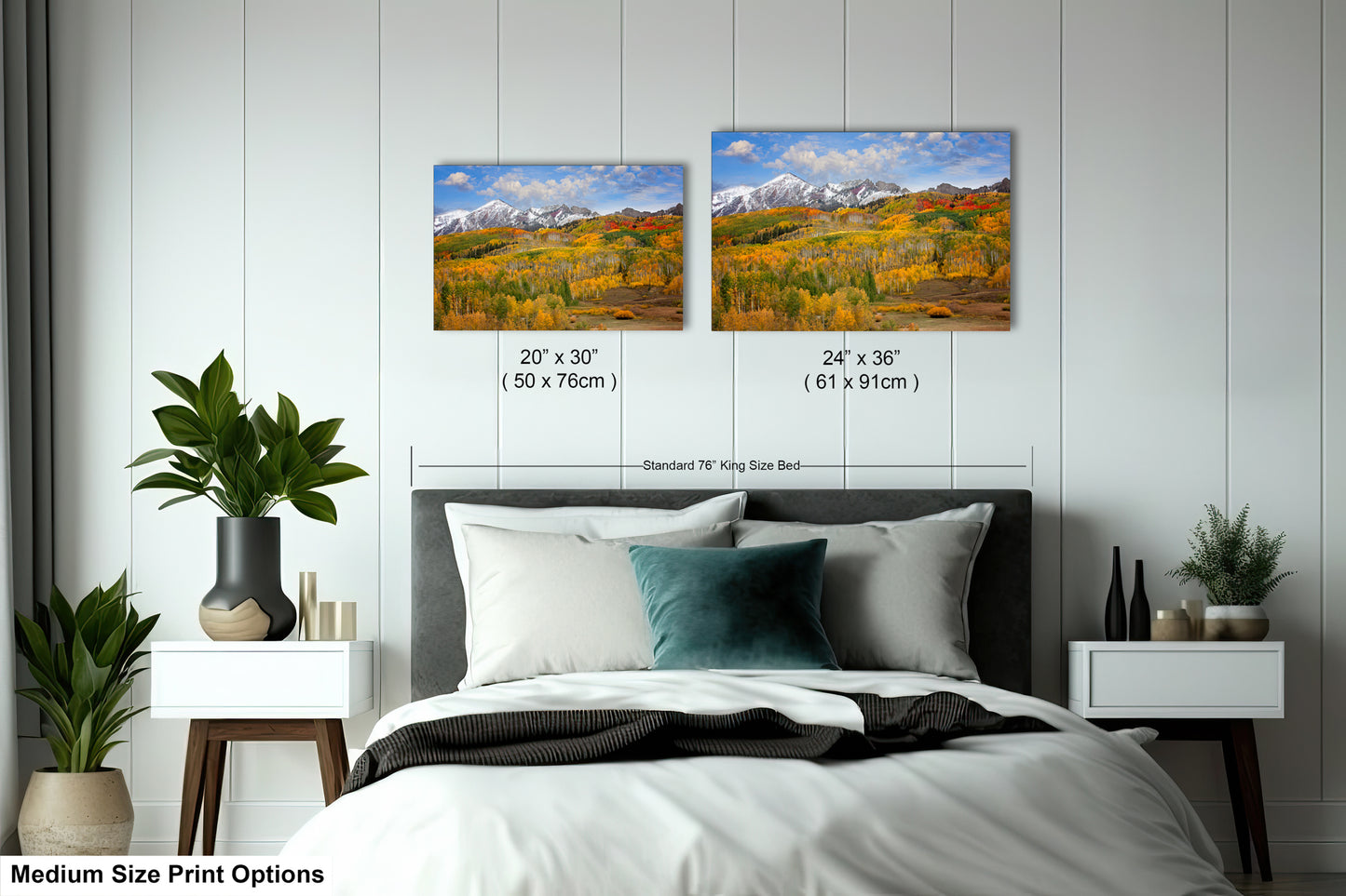 a bedroom with a bed and two pictures on the wall