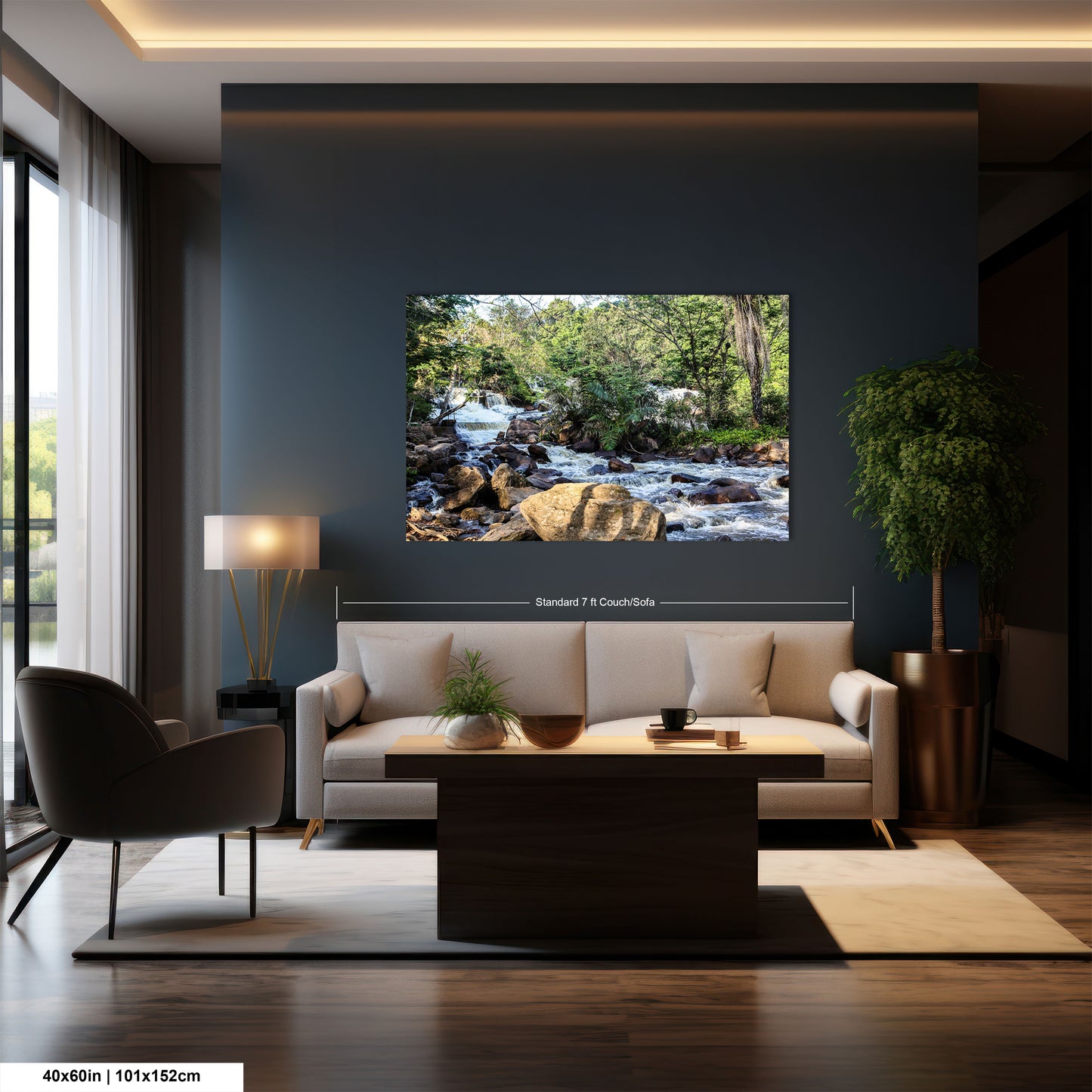a living room with a couch a table and a painting on the wall