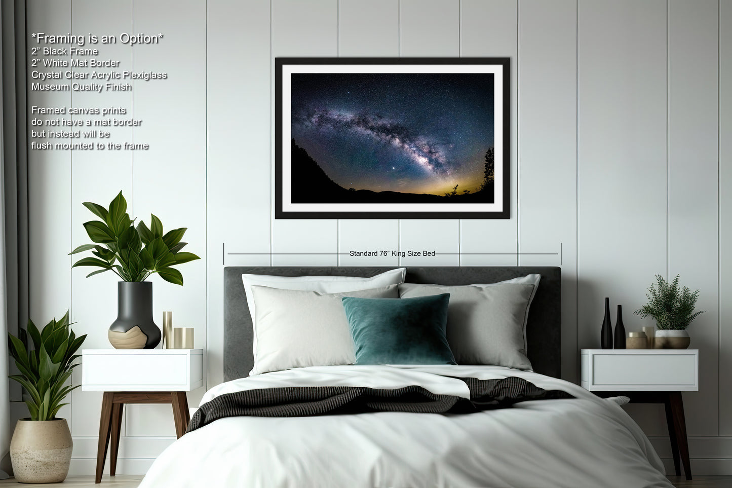 a bedroom with a bed and a night sky