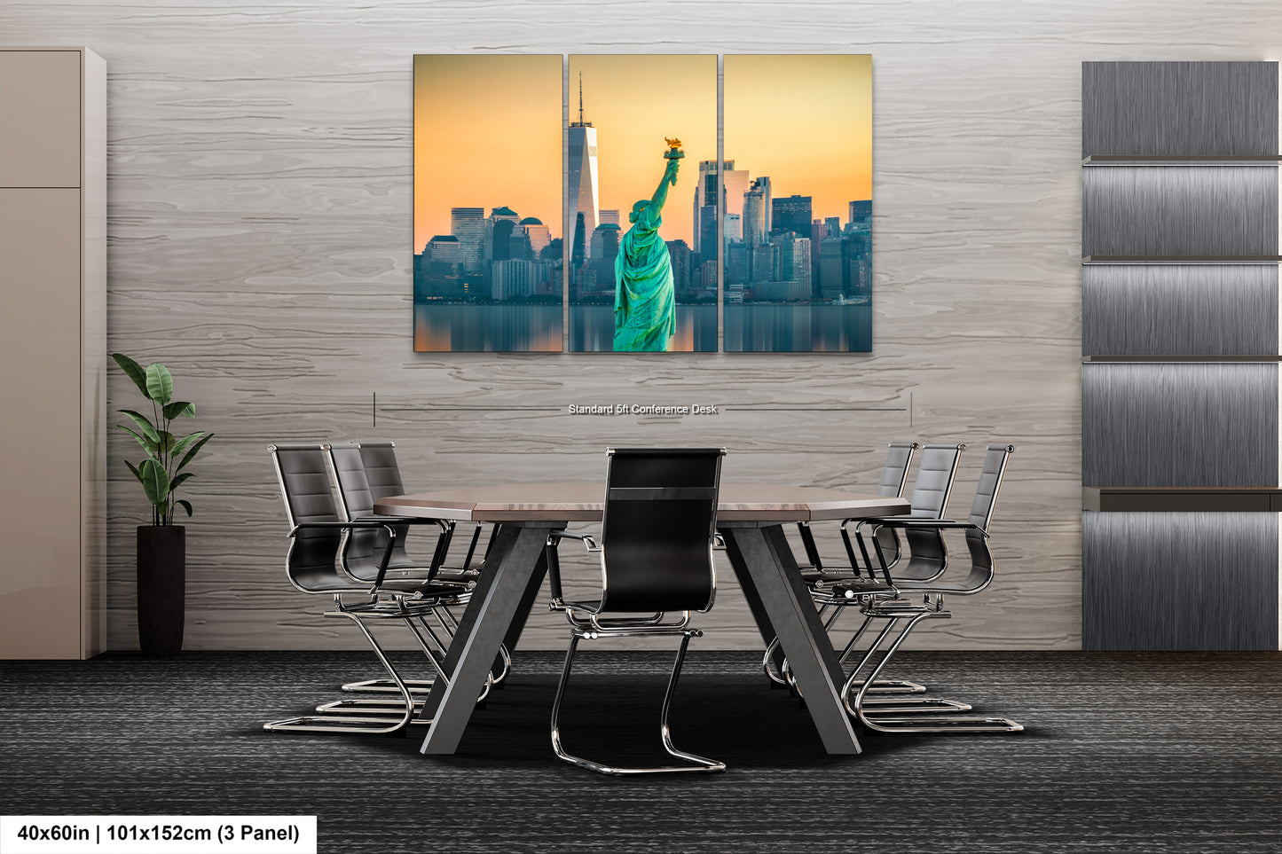 a dining room table with chairs and a painting of the statue of liberty