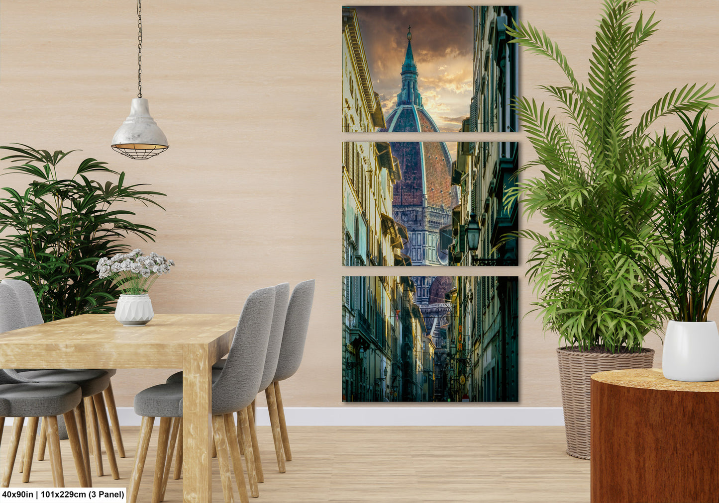 a room with a table and chairs and a painting on the wall