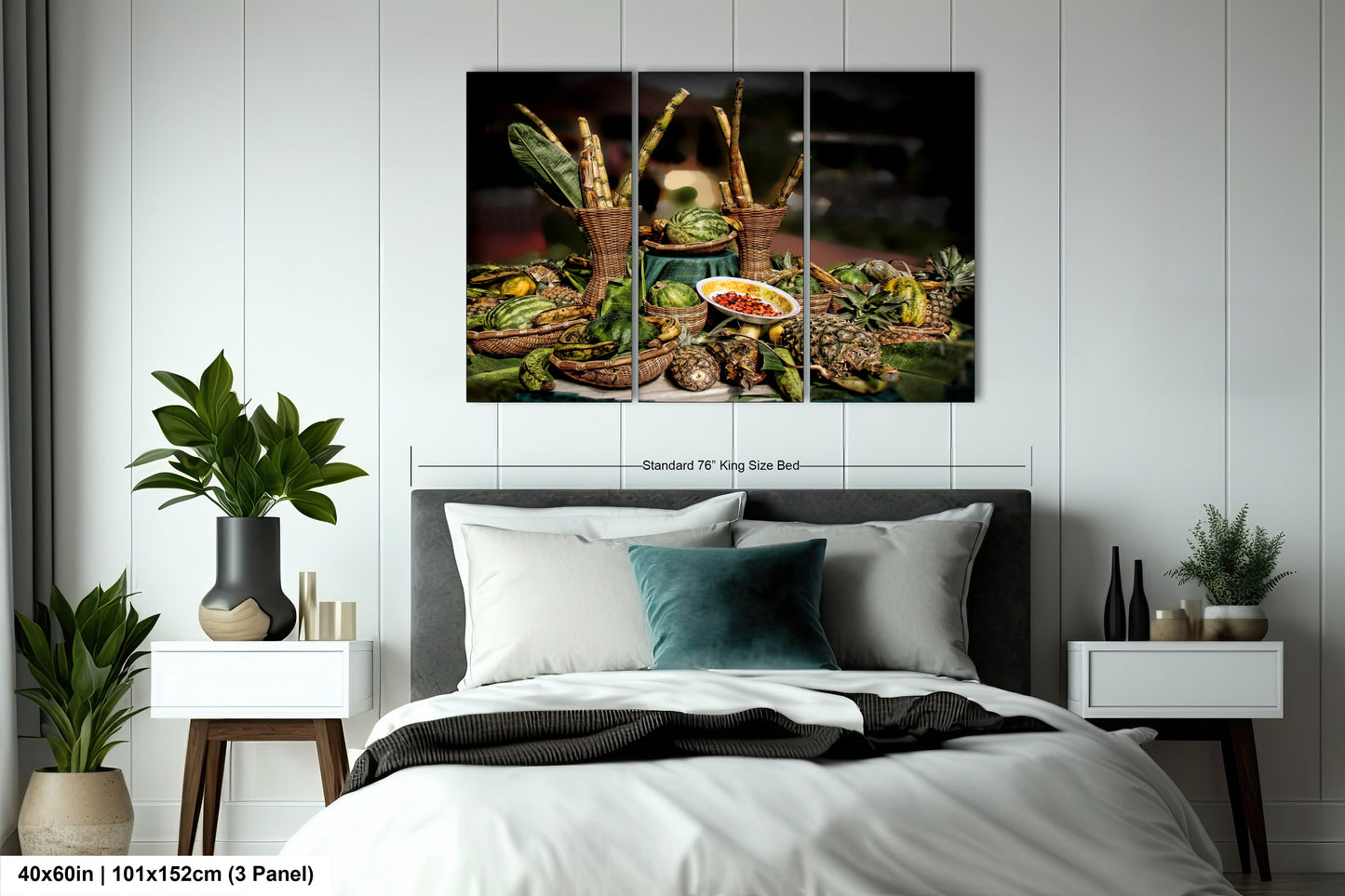 a bedroom with a bed and a painting on the wall