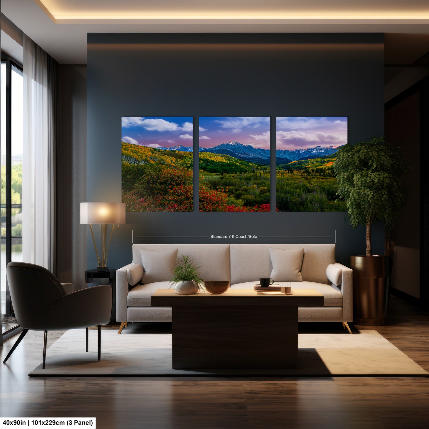 a living room filled with furniture and a painting on the wall