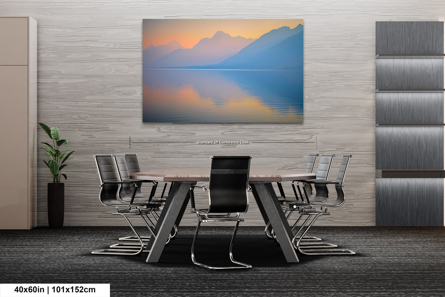 a dining room table with chairs and a painting on the wall