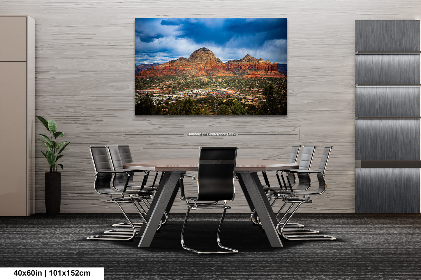a dining room table with a view of a mountain