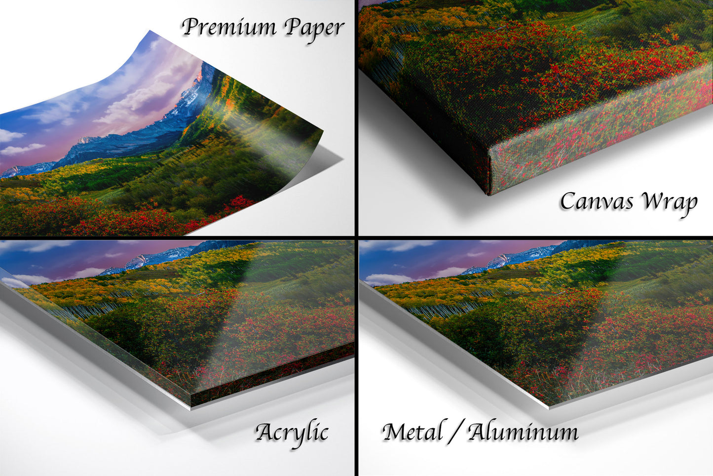 a series of four images of a mountain range