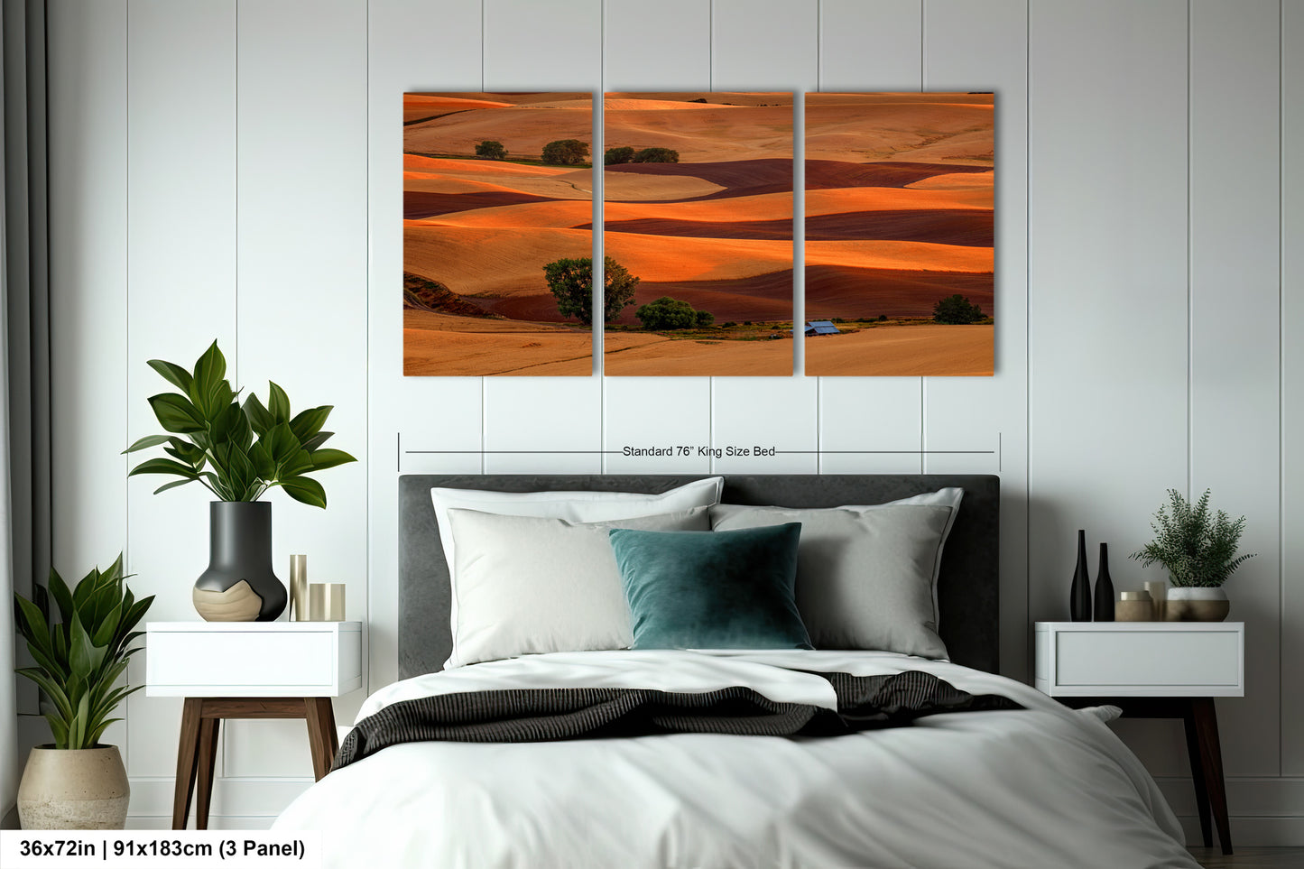a bed room with a neatly made bed and a painting on the wall