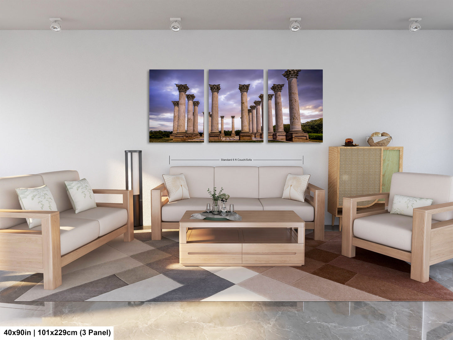 a living room filled with furniture and a painting on the wall