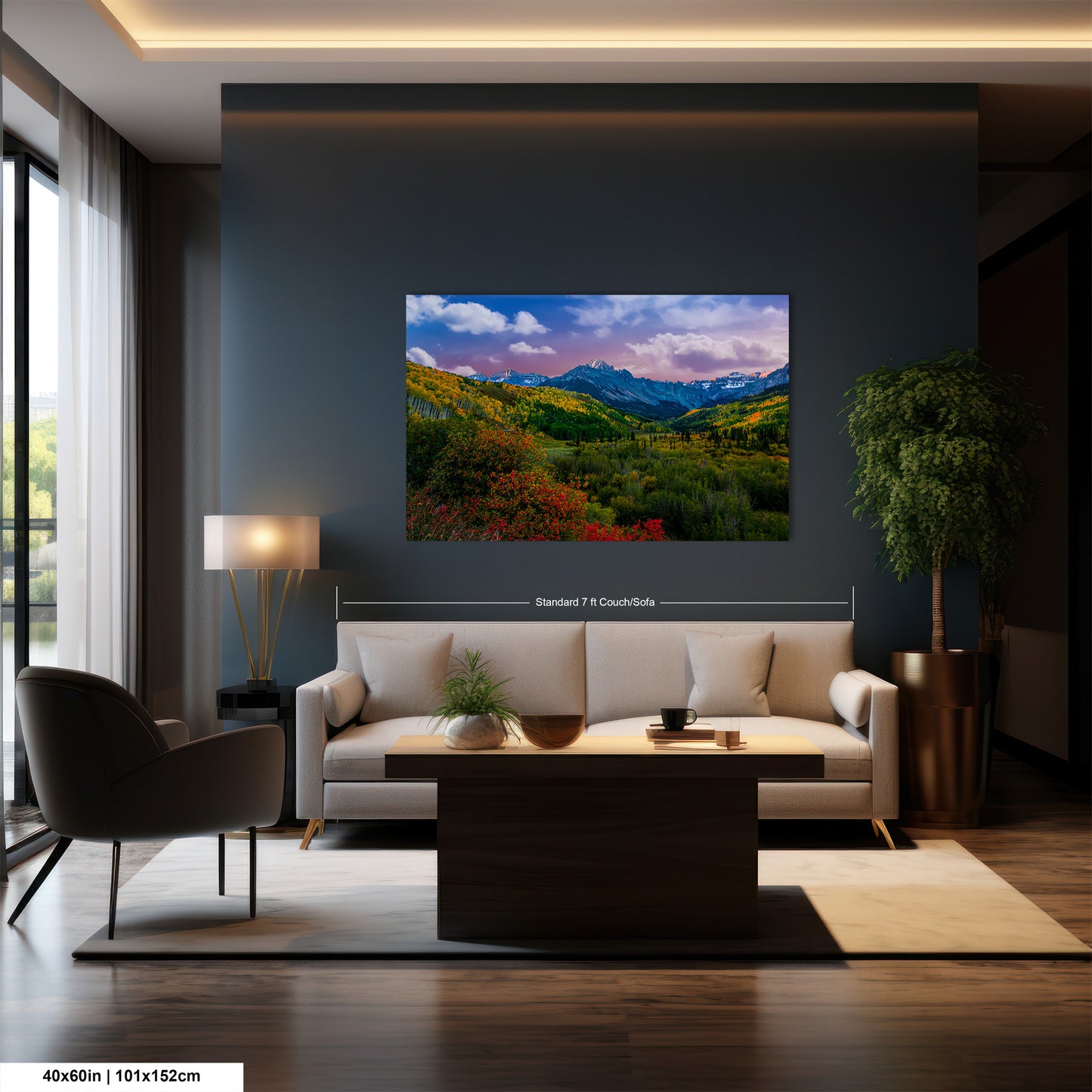 a living room filled with furniture and a painting on the wall