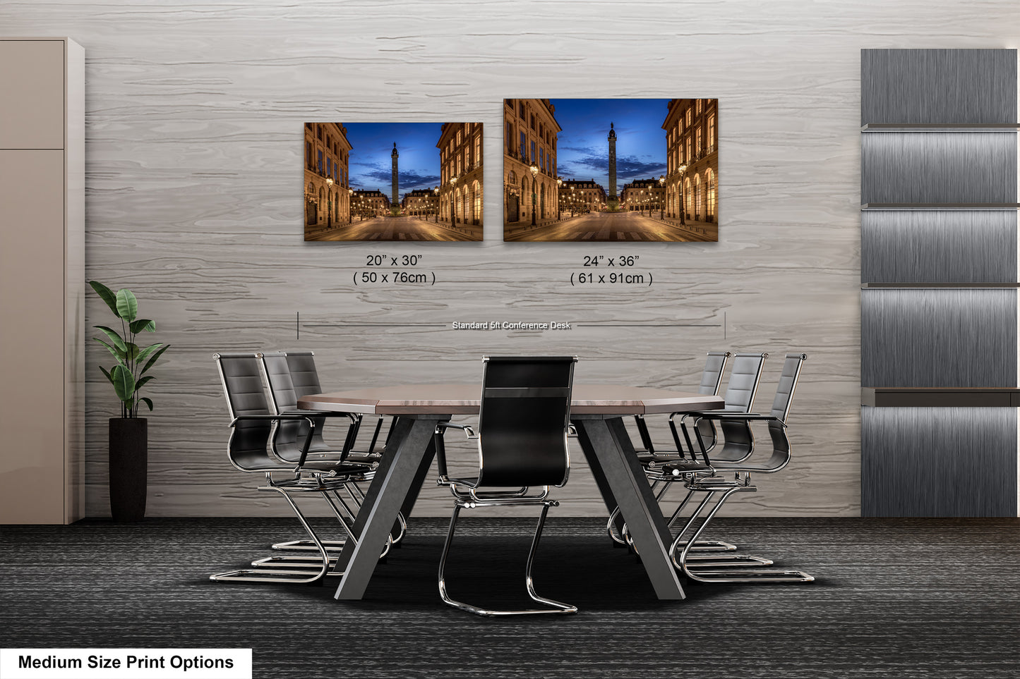 a dining room table with chairs and a picture of a city