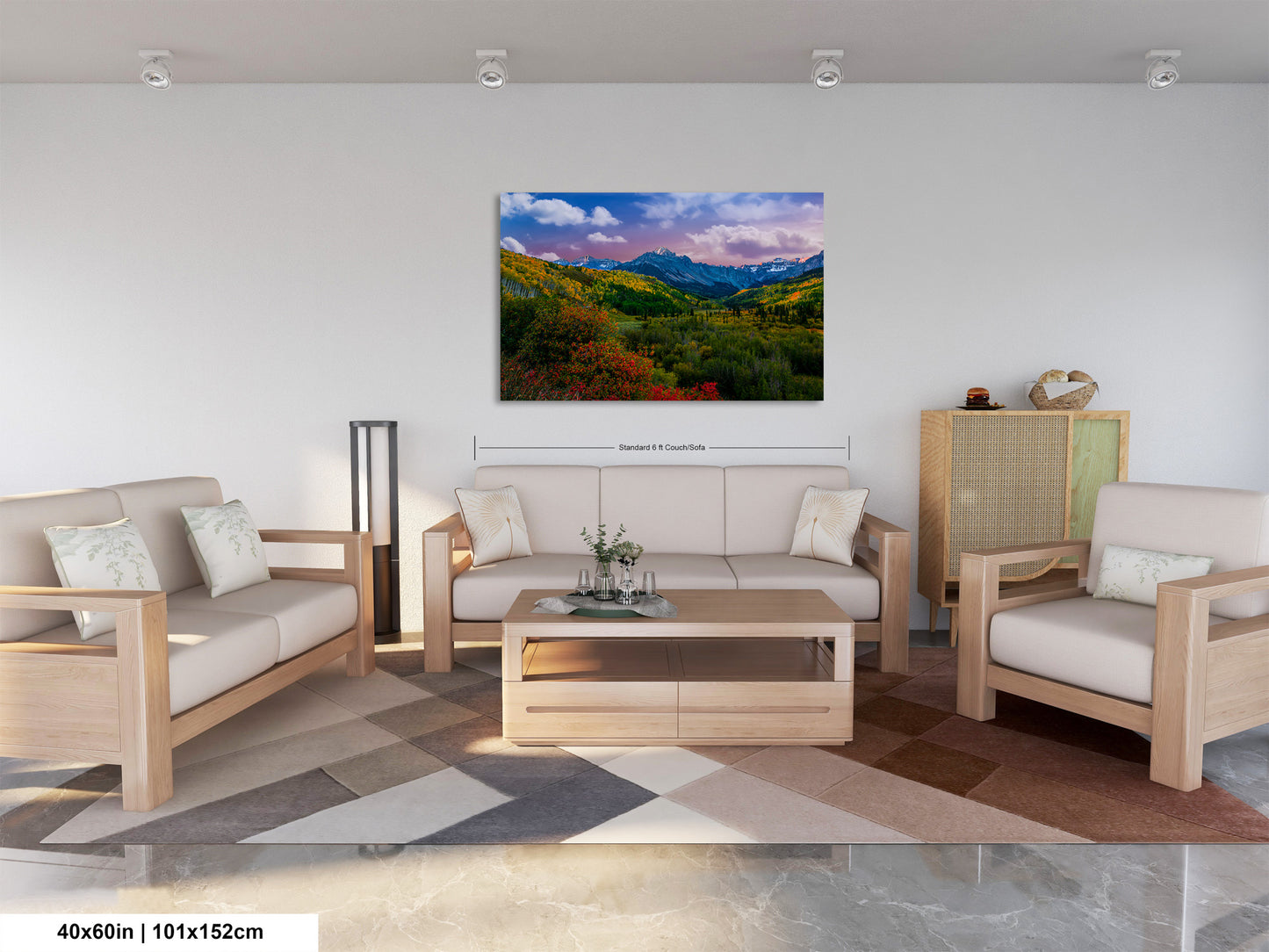 a living room filled with furniture and a painting on the wall