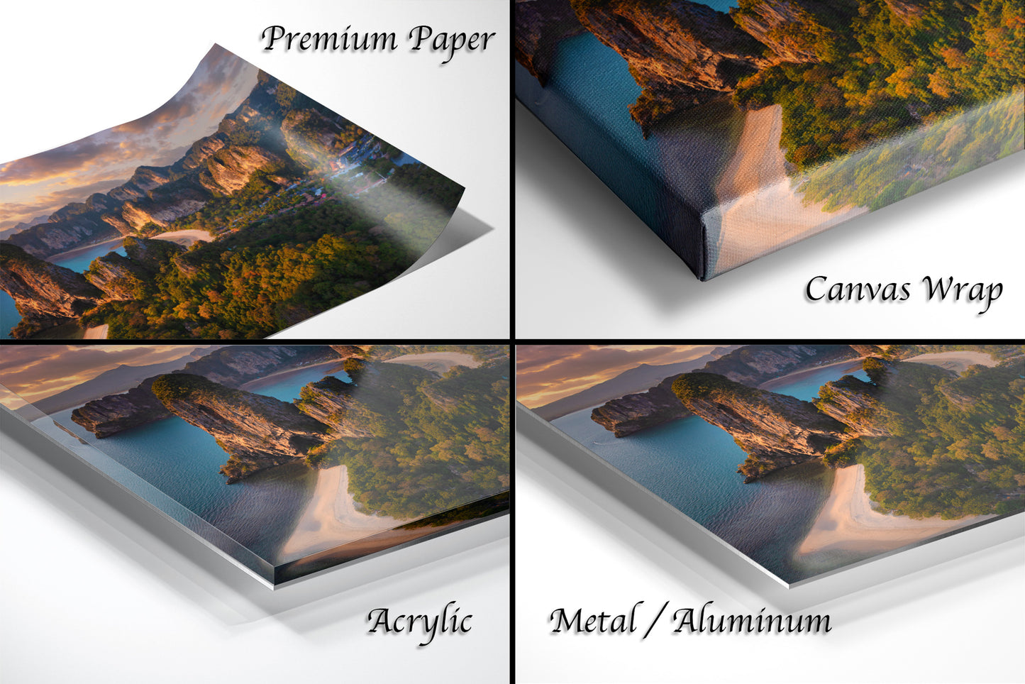 a series of four photos of a scenic landscape