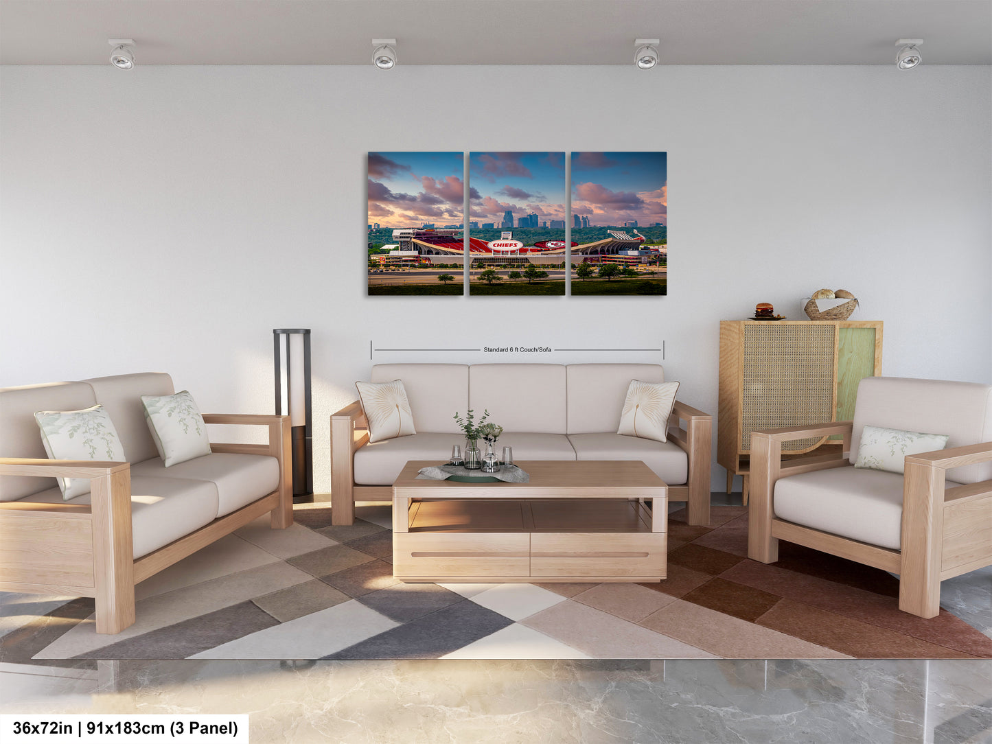 a living room filled with furniture and a painting on the wall