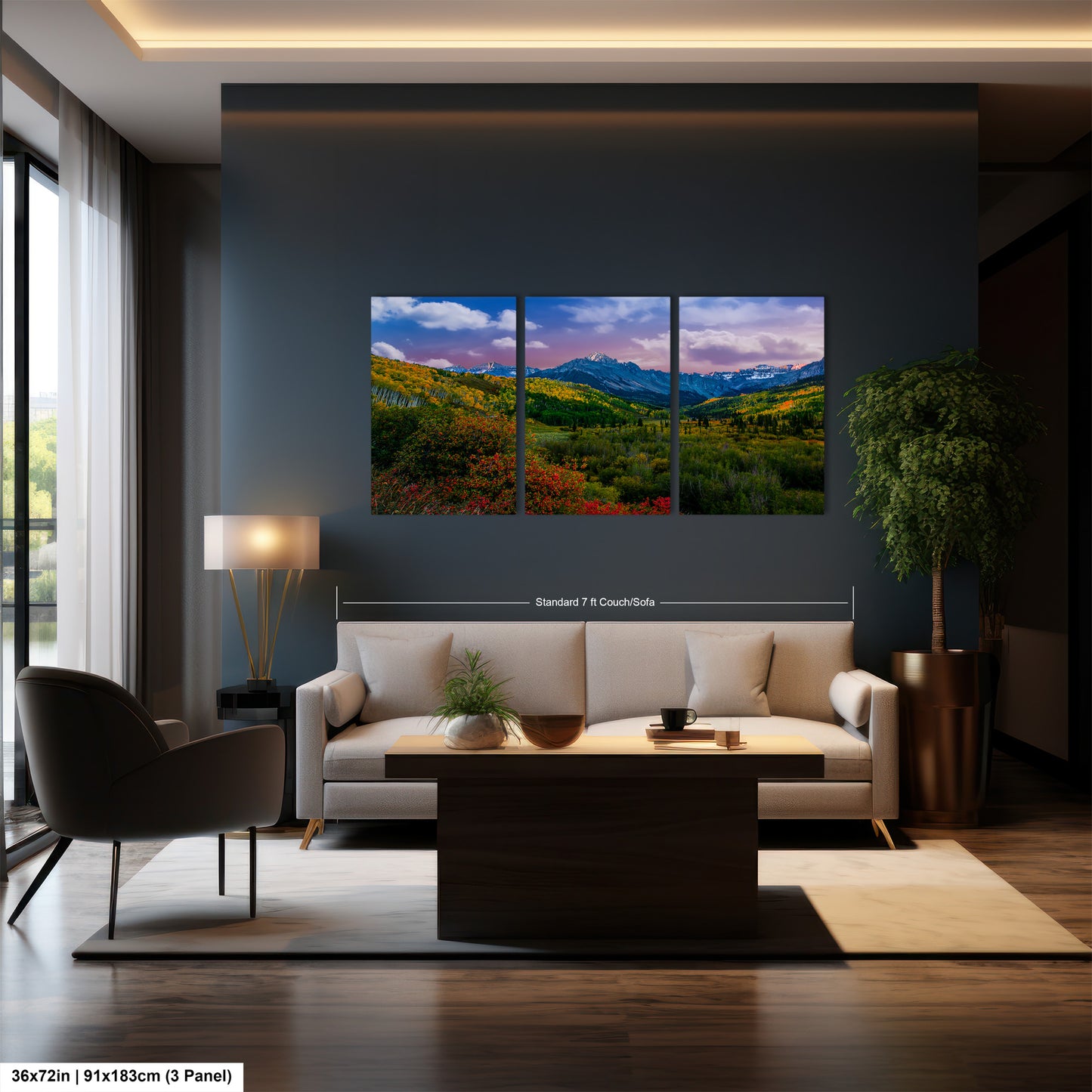 a living room filled with furniture and a painting on the wall
