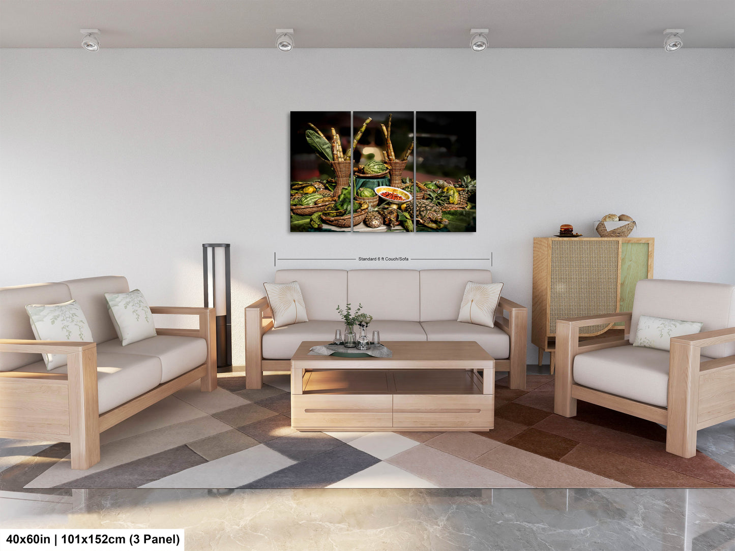 a living room filled with furniture and a painting on the wall