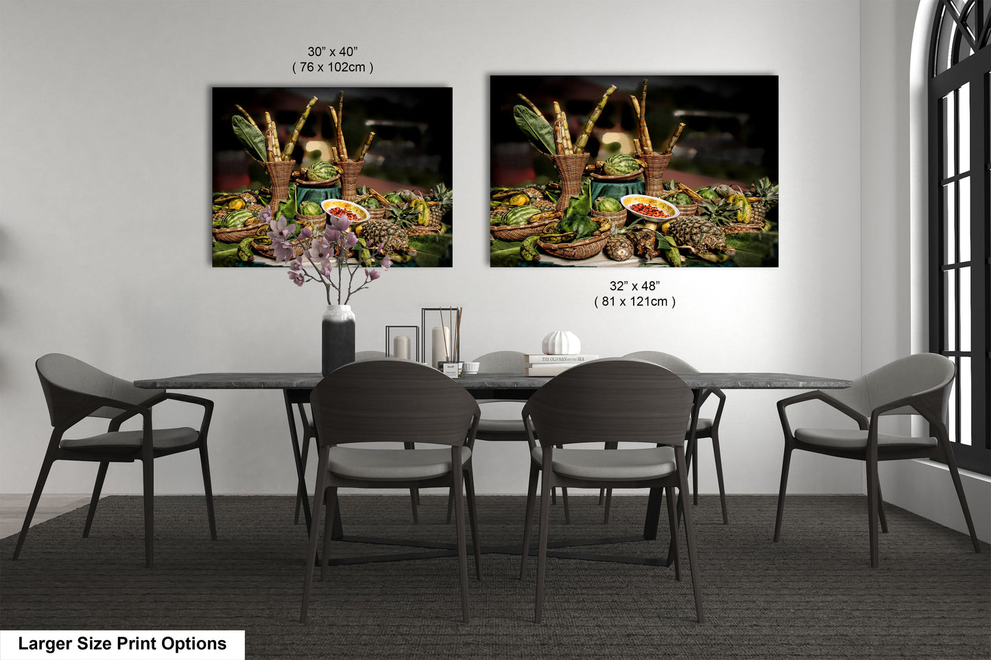 two pictures of a table with chairs and a vase of flowers