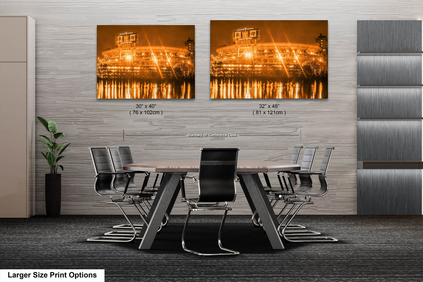 a dining room table with chairs and two pictures of a building