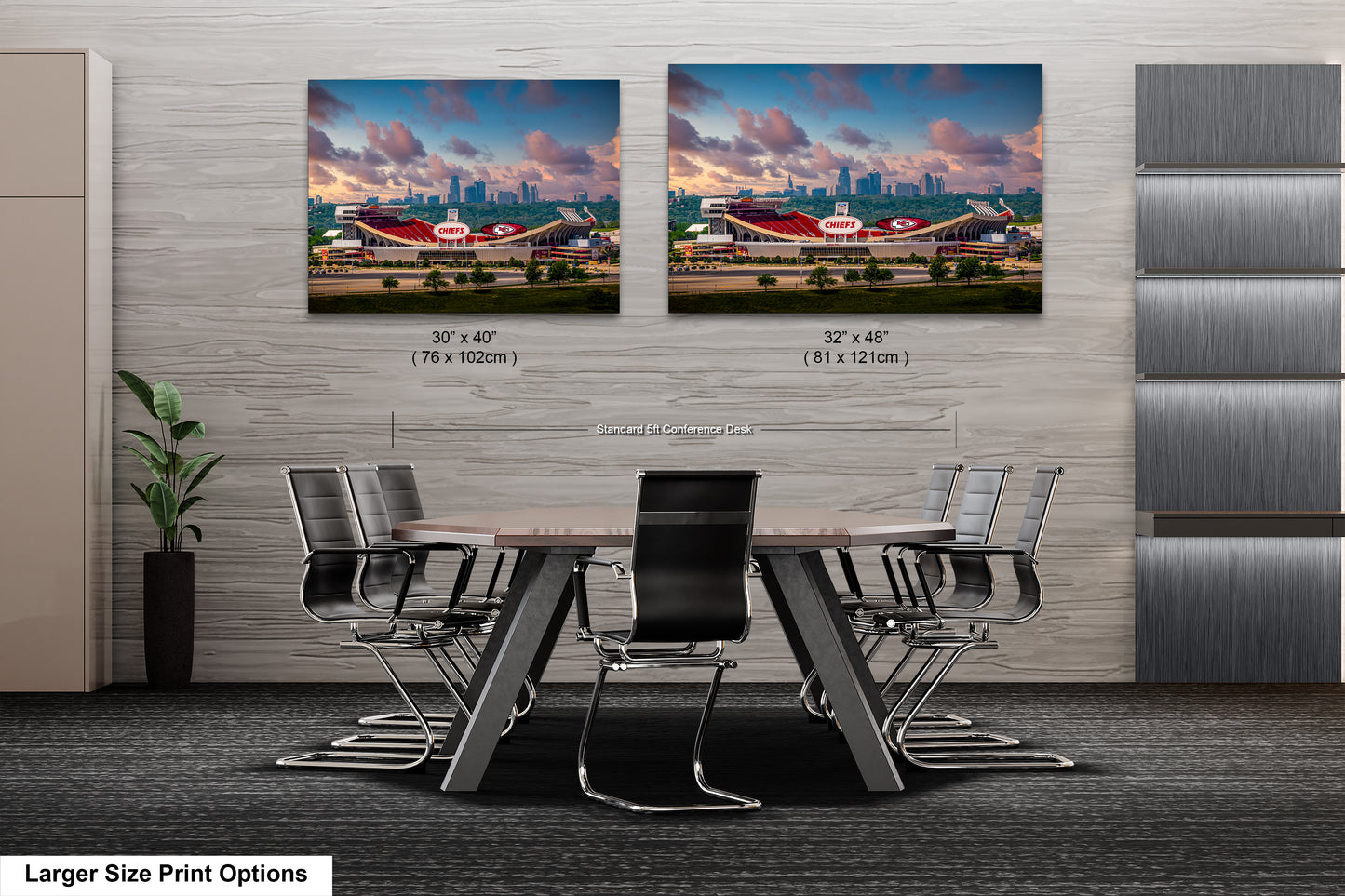 a dining room table with chairs and a picture of a city