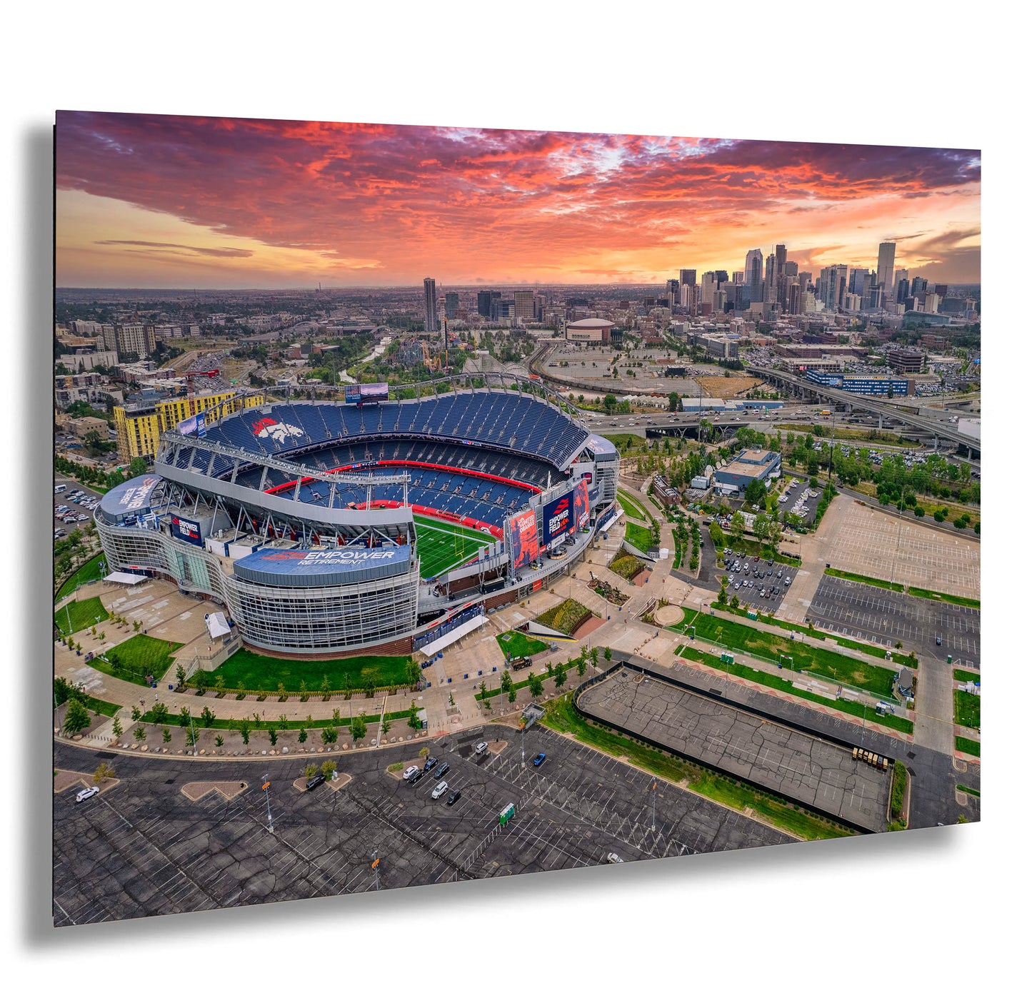 Denver Skyline at Sunrise with Empower Field - Broncos Stadium Aerial Photo