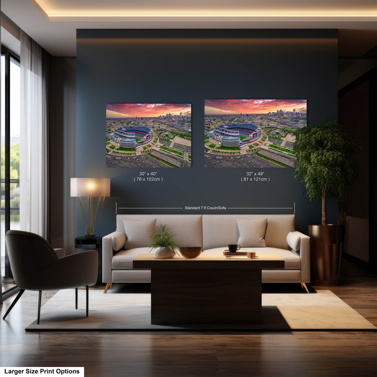 Denver Skyline at Sunrise with Empower Field - Broncos Stadium Aerial Photo