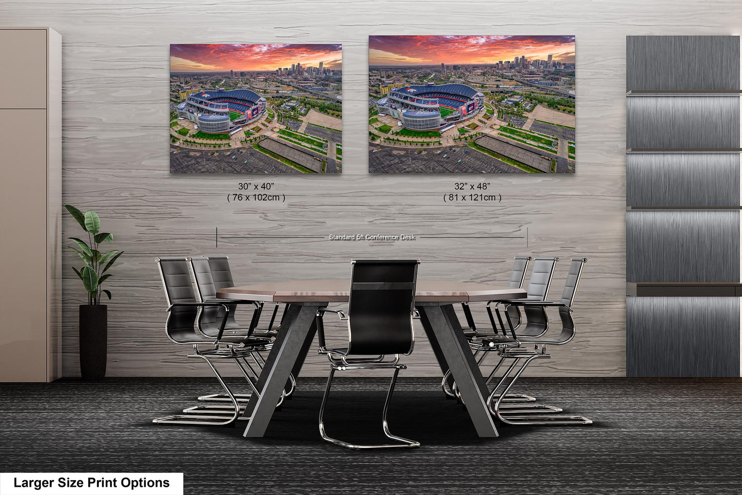 Denver Skyline at Sunrise with Empower Field - Broncos Stadium Aerial Photo