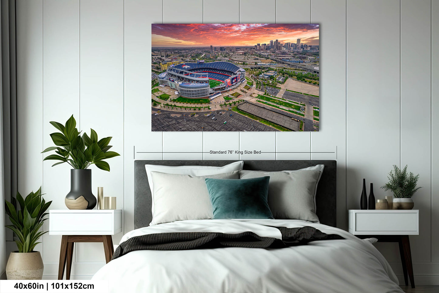 Denver Skyline at Sunrise with Empower Field - Broncos Stadium Aerial Photo