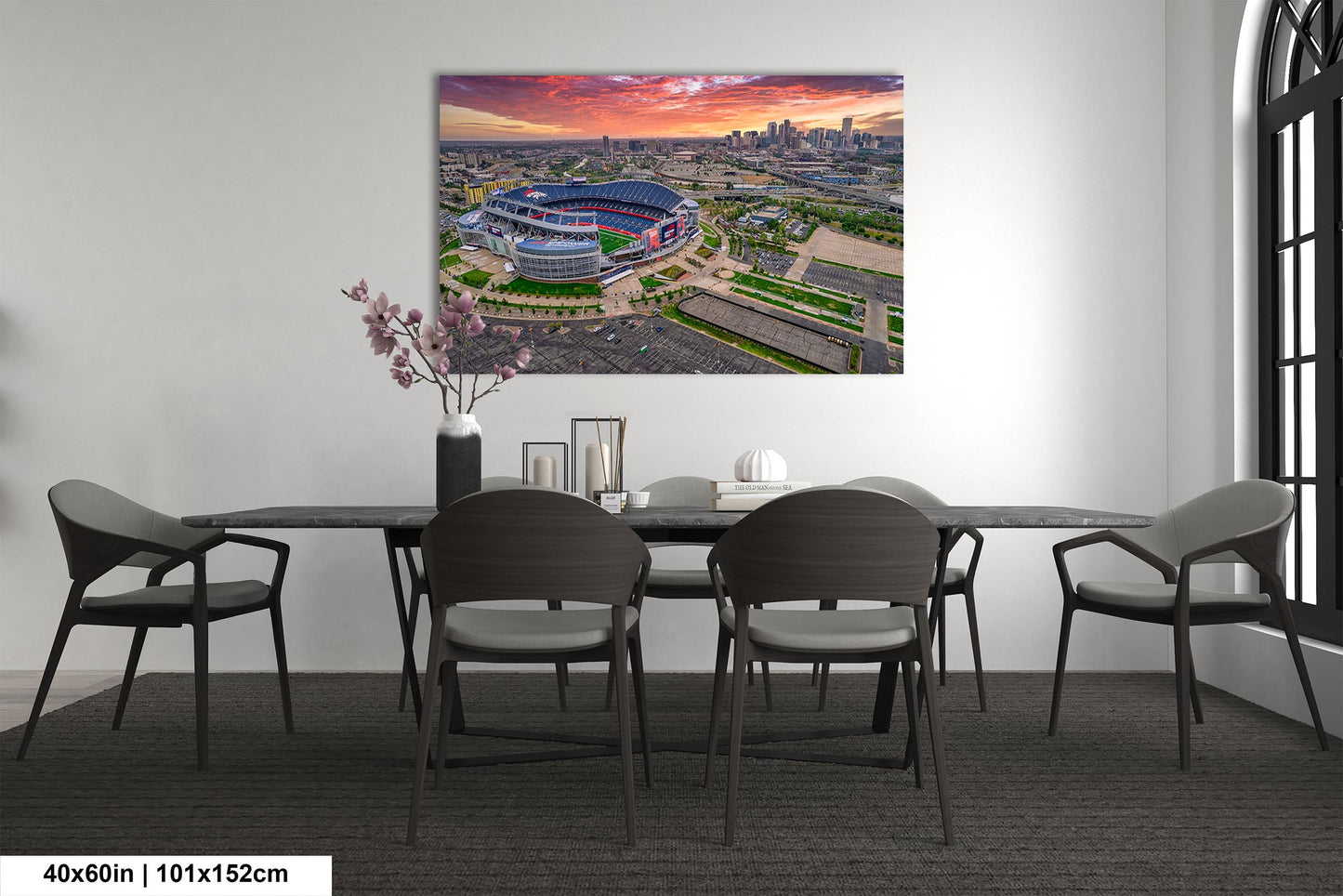 Denver Skyline at Sunrise with Empower Field - Broncos Stadium Aerial Photo