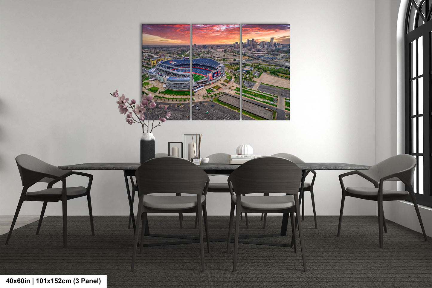 Denver Skyline at Sunrise with Empower Field - Broncos Stadium Aerial Photo