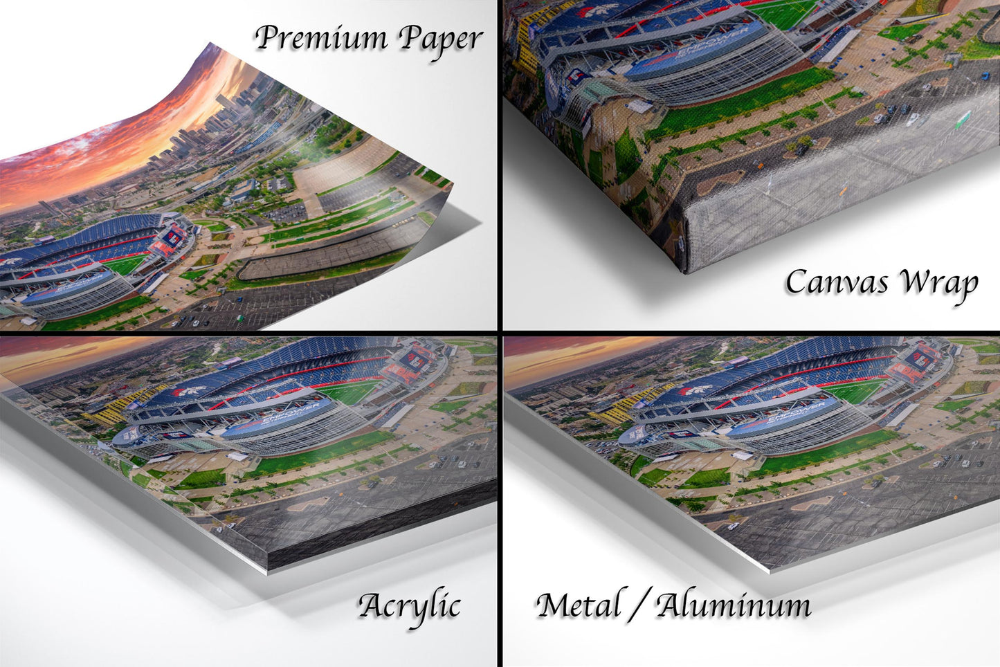 Denver Skyline at Sunrise with Empower Field - Broncos Stadium Aerial Photo