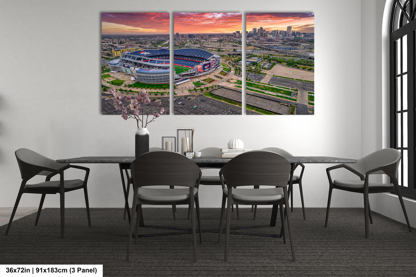 Denver Skyline at Sunrise with Empower Field - Broncos Stadium Aerial Photo