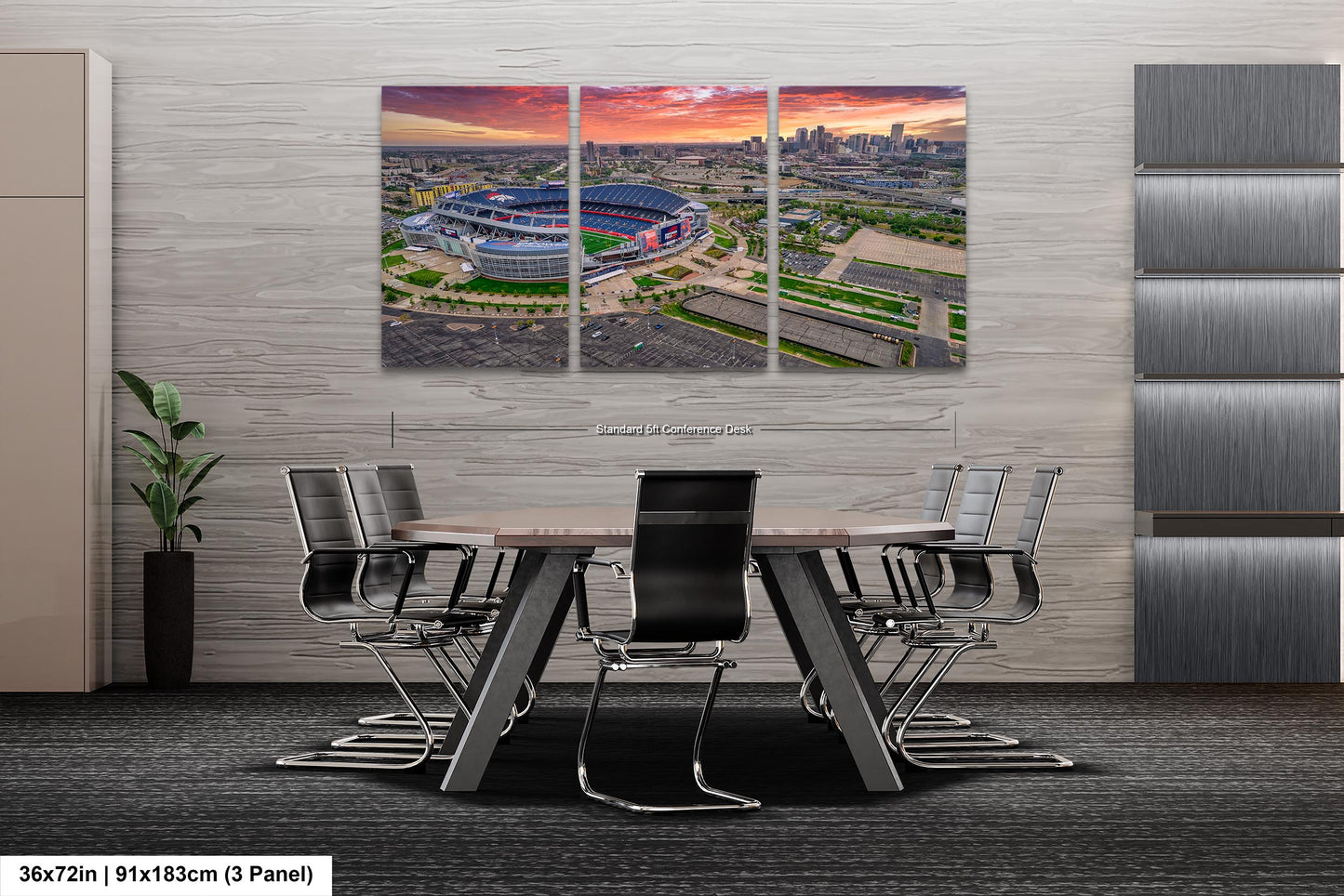Denver Skyline at Sunrise with Empower Field - Broncos Stadium Aerial Photo