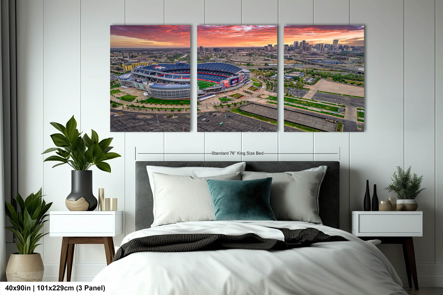 Denver Skyline at Sunrise with Empower Field - Broncos Stadium Aerial Photo