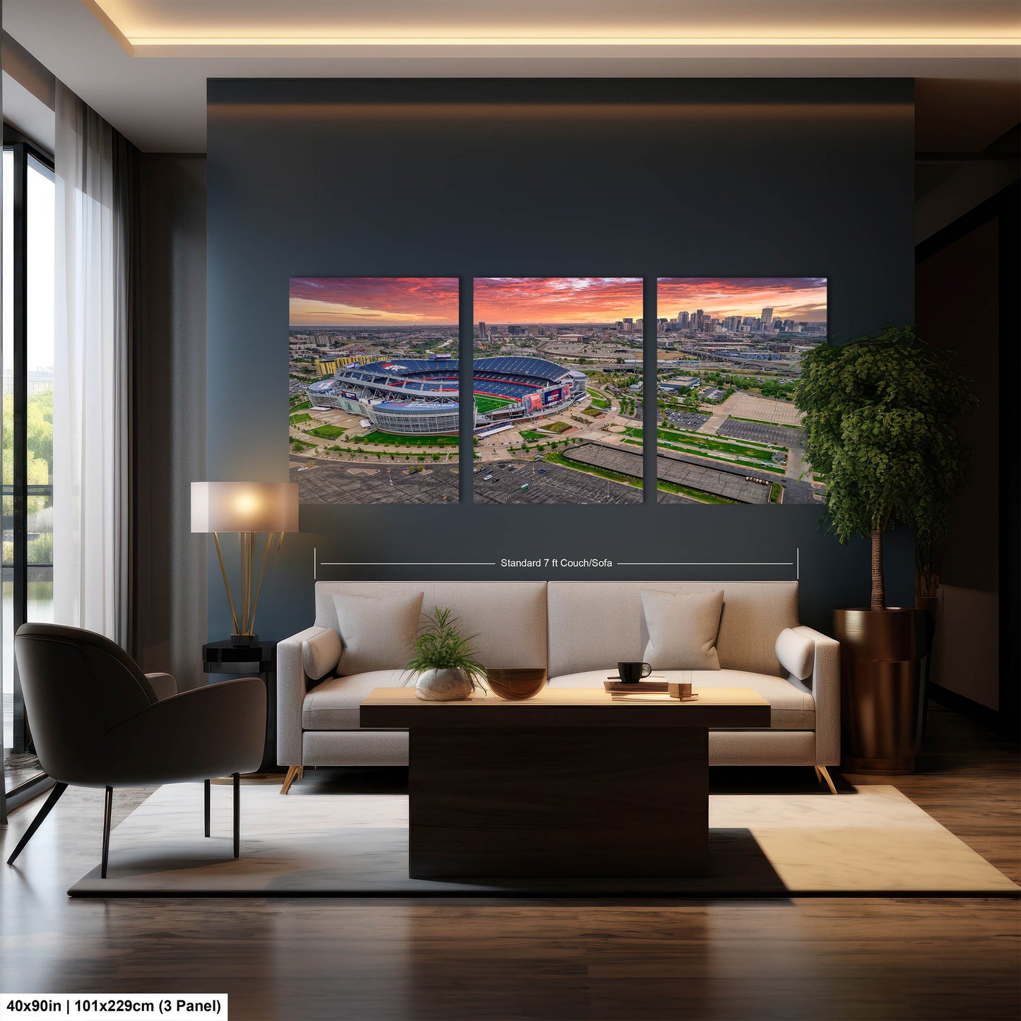 Denver Skyline at Sunrise with Empower Field - Broncos Stadium Aerial Photo