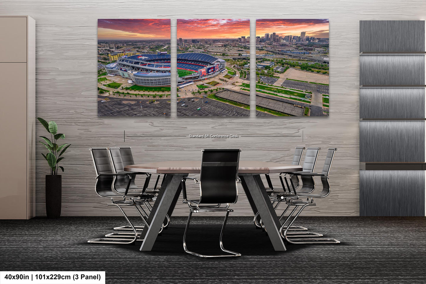 Denver Skyline at Sunrise with Empower Field - Broncos Stadium Aerial Photo